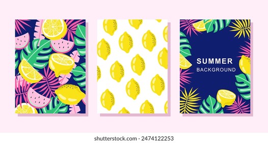 Set of summer icons and design elements. Pattern with lemons and green palm leaves. Template for print, textile, wallpaper cover and box design. Set of summer prints. Summer cards.