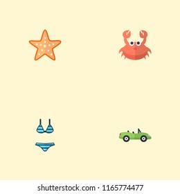 Set of summer icons flat style symbols with crab, cabriolet, bikini and other icons for your web mobile app logo design.