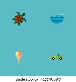 Set of summer icons flat style symbols with ice cream, cabriolet, turtle and other icons for your web mobile app logo design.