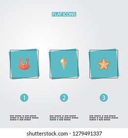 Set of summer icons flat style symbols with starfish, crab, ice cream and other icons for your web mobile app logo design.