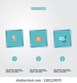 Set of summer icons flat style symbols with ice cream, starfish, diving mask and other icons for your web mobile app logo design.