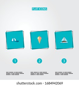 Set of summer icons flat style symbols with yacht, cap, ice cream and other icons for your web mobile app logo design.