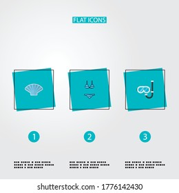 Set of summer icons flat style symbols with shell, diving mask, bikini and other icons for your web mobile app logo design.