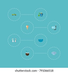 Set of summer icons flat style symbols with shell, coconut drink, cabriolet and other icons for your web mobile app logo design.