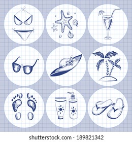 Set of summer icons.  Flip-flops, sunglasses, hat, swimming suite, starfish, sunscreen, cocktail, palms, footprint