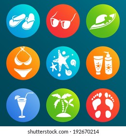 Set of summer icons.  Flip-flops, sunglasses, hat, swimming suite, starfish, sunscreen, cocktail, palms, footprint