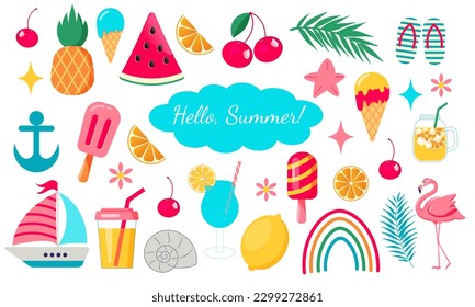 Set of summer icons food, drinks, palm leaves, fruits and flamingo. Collection of scrapbooking elements for beach party.