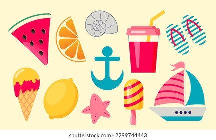 Set of summer icons food, drinks, fruits and boat. Vector illustration