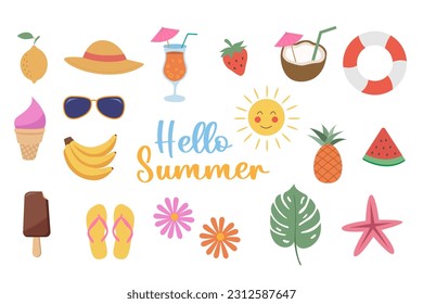 Set of summer icons hand-drawn vector illustration on a white background. 