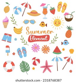 Set of summer icons hand-drawn vector illustration on a white background. 