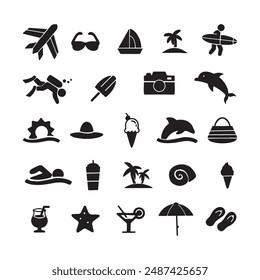 Conjunto de iconos de verano. Iconos vectoriales dibujados a mano, iconos web de vacaciones y playa en siluetas. Viajes, vacaciones, palmeras, surf, natación, playa, paisaje marino, cámara. Colección de iconos. Ilustración vectorial.