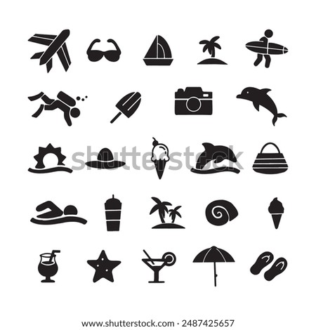 Set of summer icons. Hand-drawn vector icons, vacation and beach web icons in silhouettes. Travel, holiday, palm trees, surf, swimming, beach, seascape, camera. Icon collection. Vector illustration.