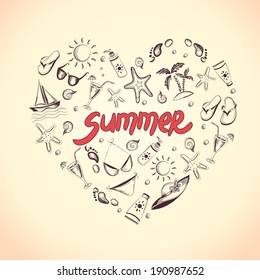 Set of summer icons. Heart shape. Eps 8 vector illustration