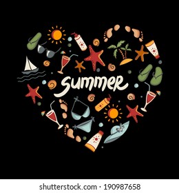 Set of summer icons. Heart shape. Eps 8 vector illustration