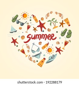 Set of summer icons. Heart shape. Eps 8 vector illustration