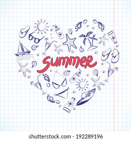 Set of summer icons. Heart shape. Eps 8 vector illustration