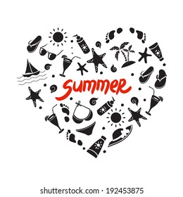 Set of summer icons. Heart shape. Eps 8 vector illustration