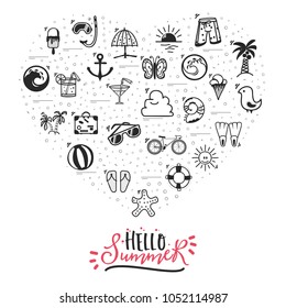 A set of summer icons. Hello summer banner from the icons located in the heart.