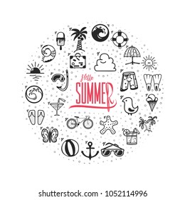 A set of summer icons. Hello summer Banner of icons arranged in the form of a circle.