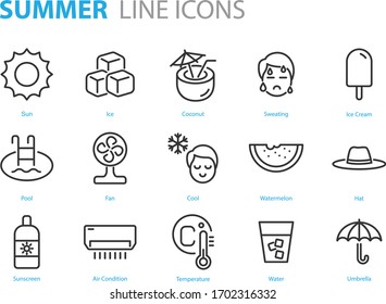 set of summer icons, hot, ice cream, water, air condition, cool