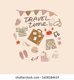 Set of summer icons, hot season, cool drinks, swimwear, sea inhabitants, recreation and tourism, diving and beach holidays. Color flat hand drawn vector illustration of vacation time. Cartoon style.
