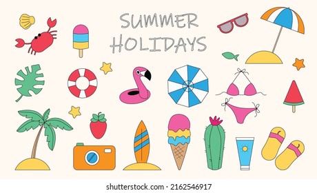 Set of summer icons: ice cream, palm tree, flamingo, swimsuit, sunglasses