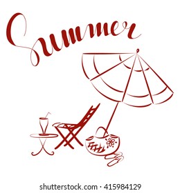 Set of summer icons and "summer" inscription. The elements are drawn by hand. Vector.