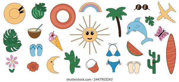 Set Summer icons isolated white background. Summer collection. Plant, Dolphin, Surf, Cactus, Flowers, Bikini, Flip-Flops. Seasonal vector aesthetic. Editable stroke EPS 10