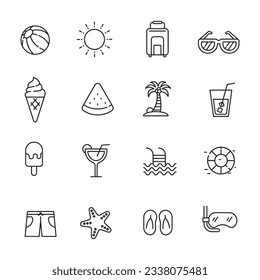 Set of summer icons in line style isolated on white background