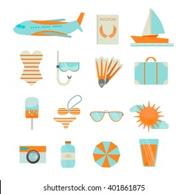 Set of summer icons. Modern summer design elements. Elements of summer vacation. Collection of summer icons in Flat Design. Icons set of traveling, tourism, summer vacation, summer holiday
