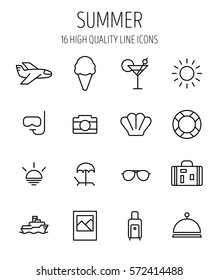 Set of summer icons in modern thin line style. High quality black outline travel symbols for web site design and mobile apps. Simple summer pictograms on a white background.