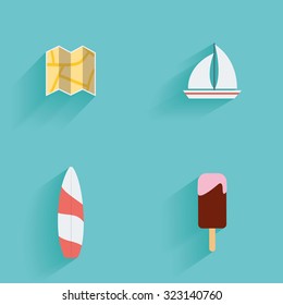 Set of summer icons on a blue background