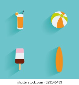 Set of summer icons on a blue background
