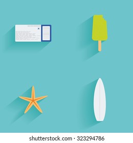 Set of summer icons on a blue background