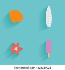 Set of summer icons on a blue background