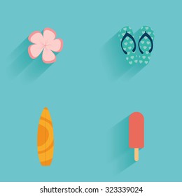 Set of summer icons on a blue background