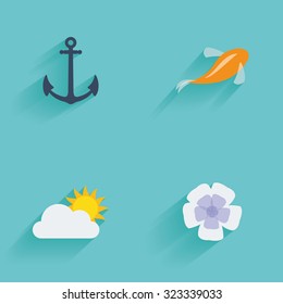 Set of summer icons on a blue background