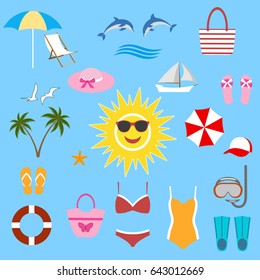 Set of summer icons on a blue background