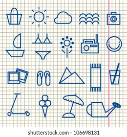 Set of summer icons on grid paper