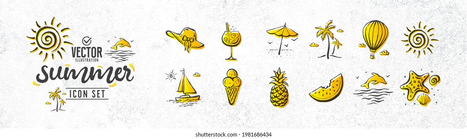 Set of summer icons on white background, vector illustration.