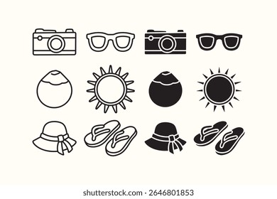 set of summer icons in outline and solid style with camera, glasses, coconut, sun, hat, slipper. tropical holiday essential symbols. beach vacation minimal vector including beach items, drinks, treats