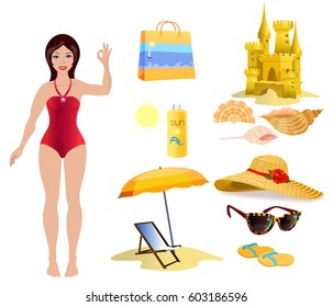 Set of summer icons: rest on the sea. Girl in red swimsuit sunbathing. Beach vacation and sun protection.