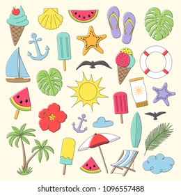 Set of summer icons in retro style. Vector.