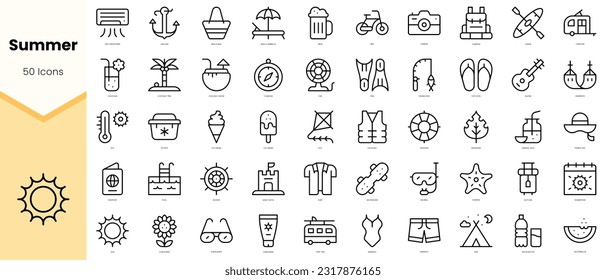 Set von Sommersymbolen. Paket mit einfachen Kunstsymbolen für Linien. Vektorgrafik