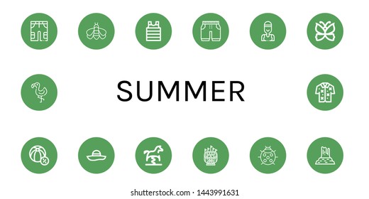 Set of summer icons such as Shorts, Bumblebee, Shirt, Swimmer, Butterfly, Beach ball, Pamela, Spring swing horse, Stadium, Ladybug, Valley rocks, Flamingo, Hawaiian , summer