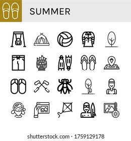 Set of summer icons. Such as Slippers, Swing, Tent, Beach ball, Shirt, Tree, Swimsuit, Stadium, Flippers, Flip flops, Ice cream, Flips flops, Golf, Fly, Swimmer , summer icons