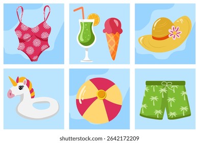 Set of summer icons with swimsuit, cocktail, ice cream, ball, hat and swimming trunks. Hello summer. Vector images in flat style
