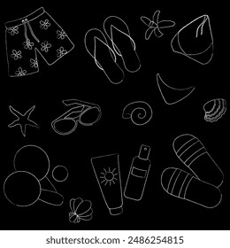 Set of summer icons swimwear, sunglasses, rackets, slippers, sunscreen, shells. White chalk outline on black background. Vector illustration.