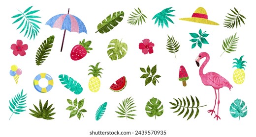 Set of summer icons. Watercolor tropical vector illustration. Flamingo, tropical palm leaves, fruits, ice cream. Summertime poster, scrapbooking elements.