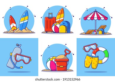 Set of Summer Illustration Beach Tent, Ball, Bag, Luggage, Surfboard, and Snorkel Equipment. Flat Cartoon Vector Illustration Isolated.